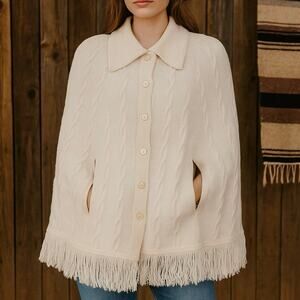 Vintage Cream Knit Cape Poncho Fringe Trim Button Up Boho Western Cloak Shawl